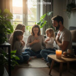 Une famille de quatre personnes méditant ensemble dans un salon baigné de lumière naturelle