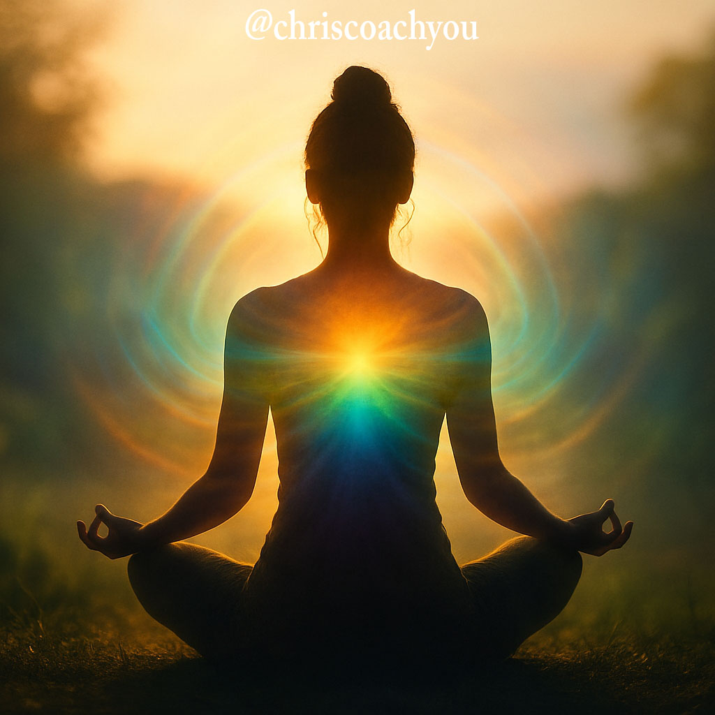 Personne en méditation entourée d’une aura lumineuse représentant l’énergie positive et la vibration intérieure