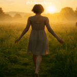 Une femme marche pieds nus dans une prairie au lever du soleil, illustrant la lenteur et la reconnexion à soi