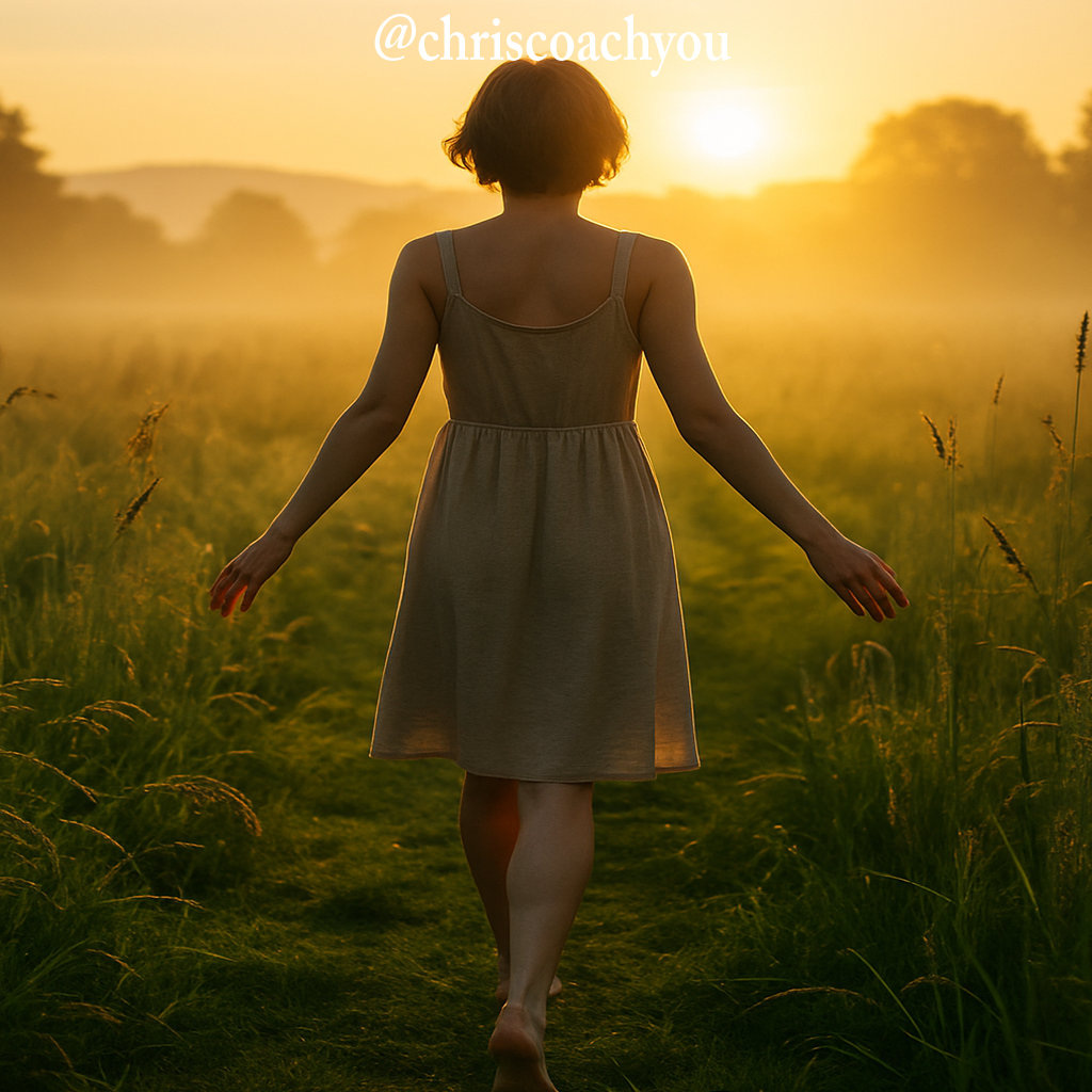 Une femme marche pieds nus dans une prairie au lever du soleil, illustrant la lenteur et la reconnexion à soi