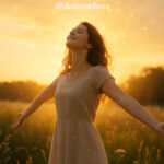 Femme souriante debout dans un champ au coucher de soleil, les bras ouverts, entourée d'une lumière dorée évoquant une vibration positive