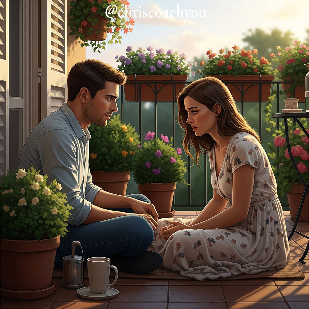 Un couple en terrasse d’été, échangeant un regard sérieux
