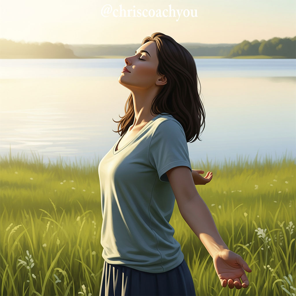 Une personne seule dans la nature, les yeux fermés, dans une posture d’acceptation de soi