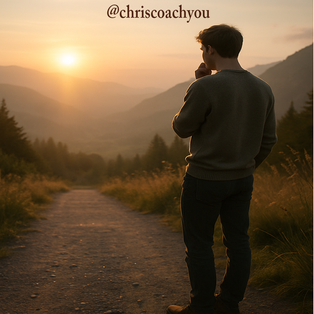 Personne hésitante au bord d’un chemin au coucher du soleil