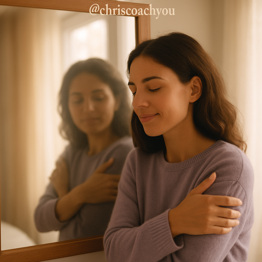 Femme se regardant dans le miroir avec tendresse