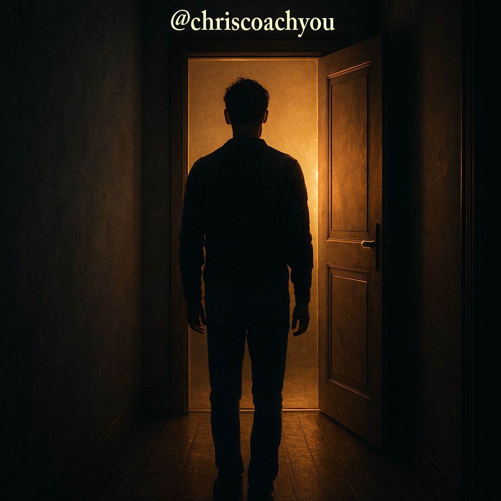 Personne devant une porte entrouverte baignée de lumière