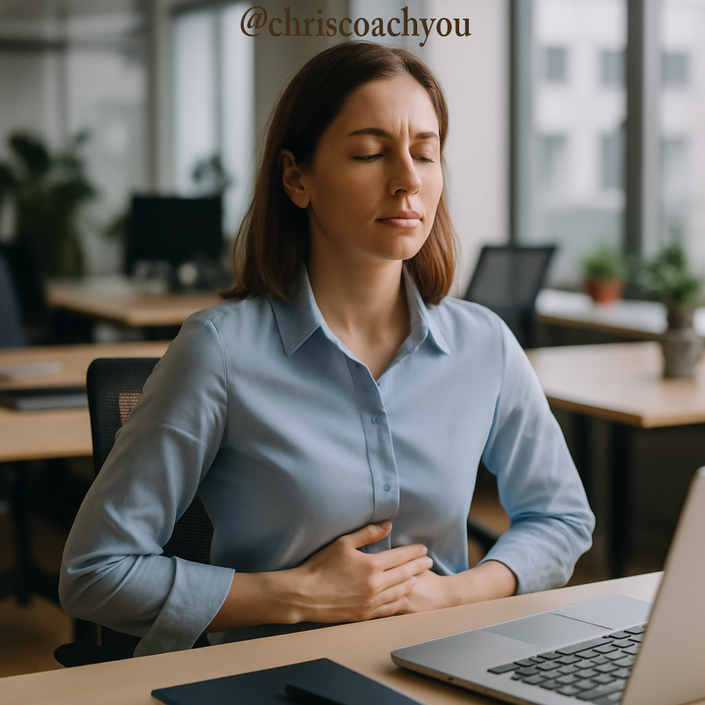 Femme régulant ses émotions au bureau, mains sur le ventre
