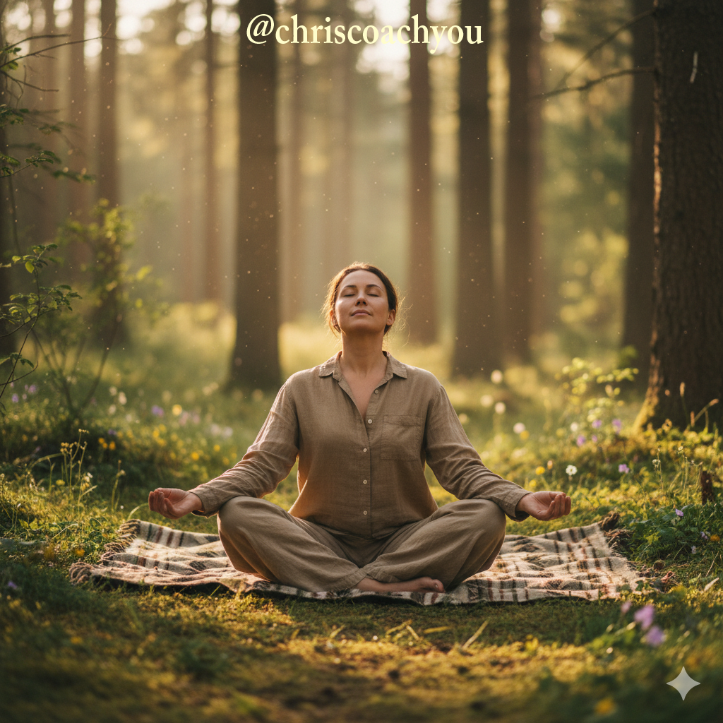 Personne méditant en pleine nature sur un plaid