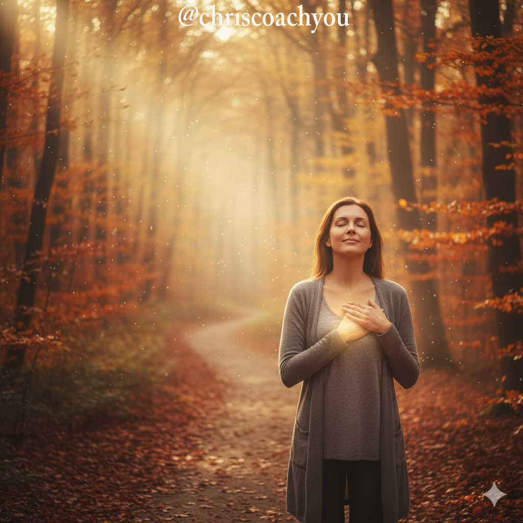Femme en automne, yeux fermés, main sur le cœur, lumière douce à travers la forêt – symbole de paix intérieure