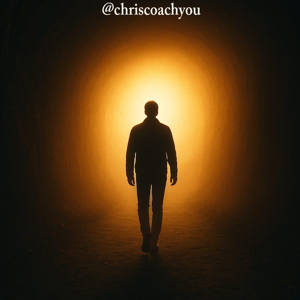 Silhouette humaine marchant dans un tunnel sombre vers une lumière dorée, symbolisant la libération des croyances limitantes.