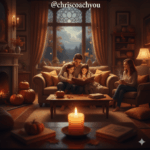 Famille réunie dans un salon tamisé à l’automne, partageant un moment calme avec lumière douce et ambiance rassurante