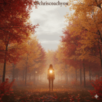 Personnage lumineux rayonnant au cœur d’un paysage automnal nuageux