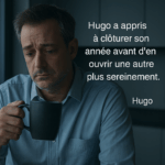 Dirigeant en chemise regardant par la fenêtre, tasse en main, expression fatiguée, ambiance de décembre.
