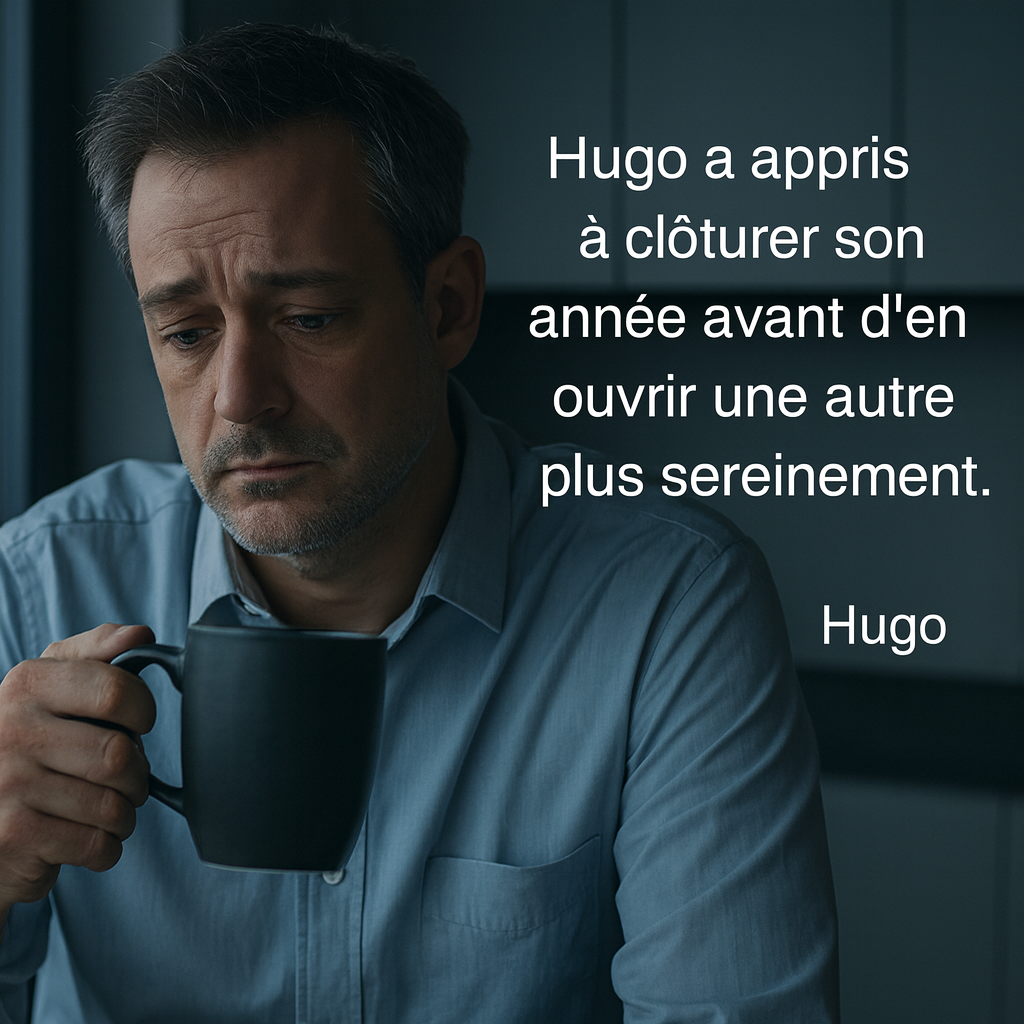 Dirigeant en chemise regardant par la fenêtre, tasse en main, expression fatiguée, ambiance de décembre.