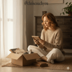 Femme rangeant des souvenirs dans une boîte, lumière douce