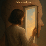 Femme ouvrant une porte symbolique dans une tête vers un ciel lumineux, métaphore du lâcher-prise mental