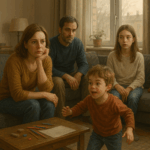 La famille Martin dans leur salon : mère et père fatigués, fille distante, garçon turbulent, dans une ambiance de fin de journée en novembre.