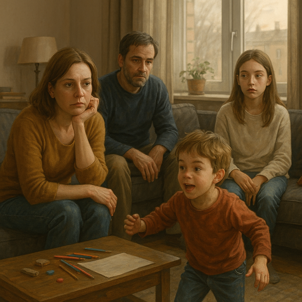 La famille Martin dans leur salon : mère et père fatigués, fille distante, garçon turbulent, dans une ambiance de fin de journée en novembre.