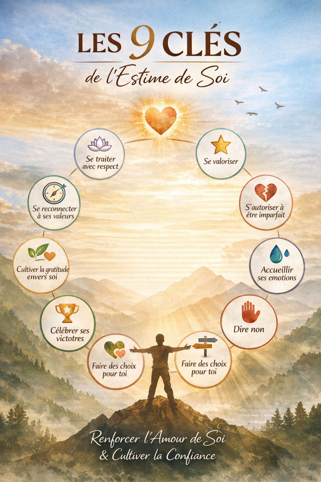 Infographie illustrant les 9 clés de l’estime de soi : respect de soi, valorisation, droit à l’imperfection, accueil des émotions, capacité à dire non, choix alignés, célébration des victoires, gratitude envers soi, reconnexion aux valeurs.