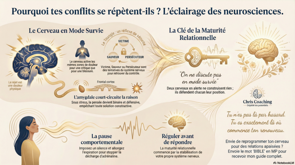 Infographie “Pourquoi tes conflits se répètent-ils ?” avec un éclairage neuroscientifique : cerveau en mode survie, amygdale activée, Triangle de Karpman (Victime, Sauveur, Persécuteur) et clé de maturité relationnelle pour réguler avant de répondre, sortir des schémas répétitifs dans le couple.