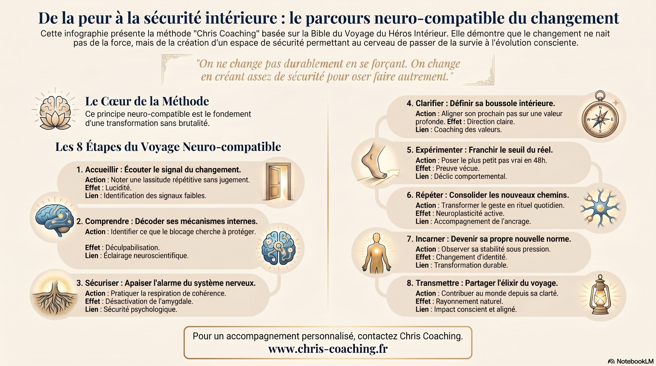 Infographie Chris Coaching : de la peur à la sécurité intérieure, parcours neuro-compatible du changement durable et de la transmission