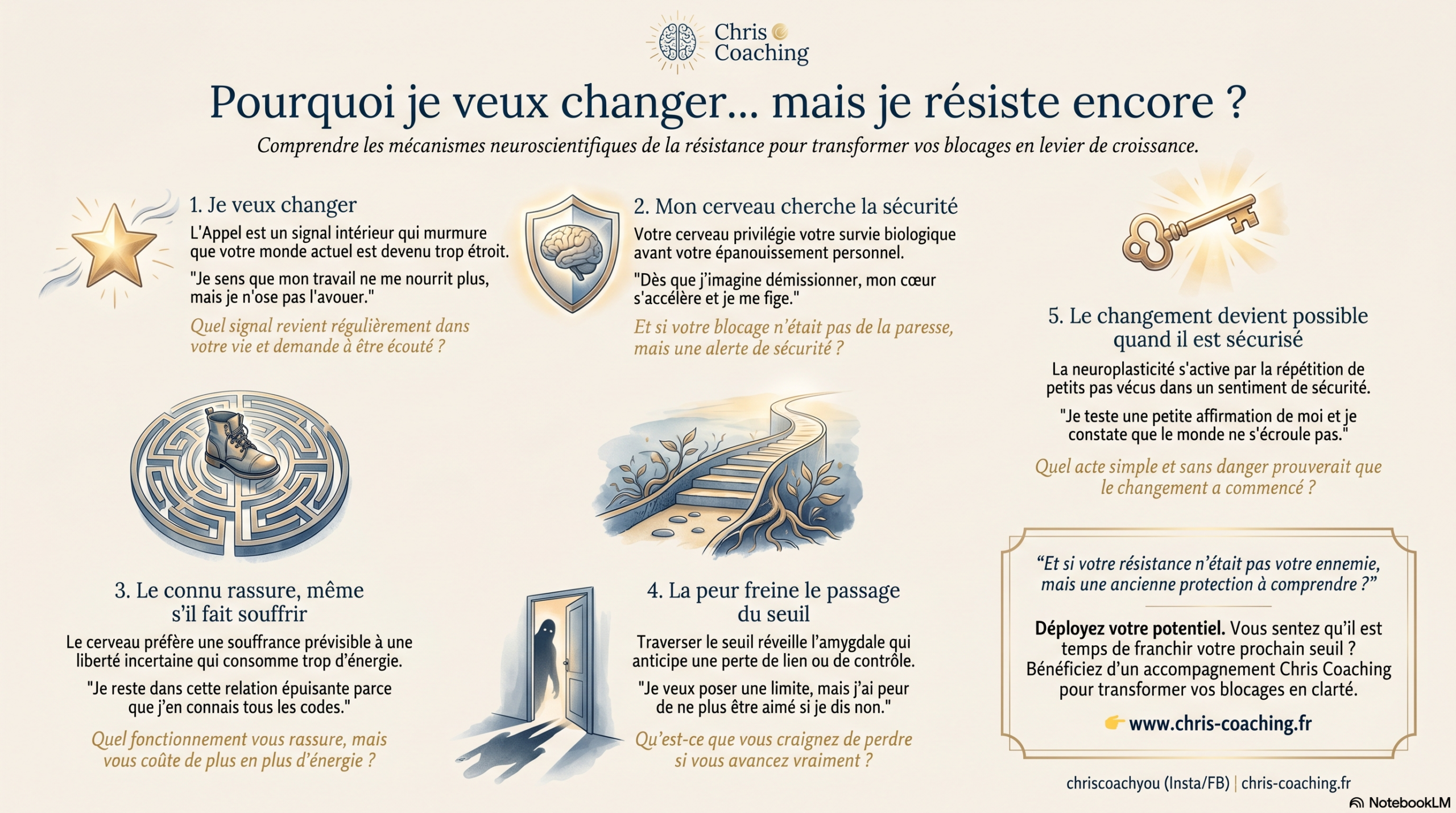 Infographie Chris Coaching : pourquoi je veux changer mais je résiste encore, mécanismes neuroscientifiques de la résistance au changement