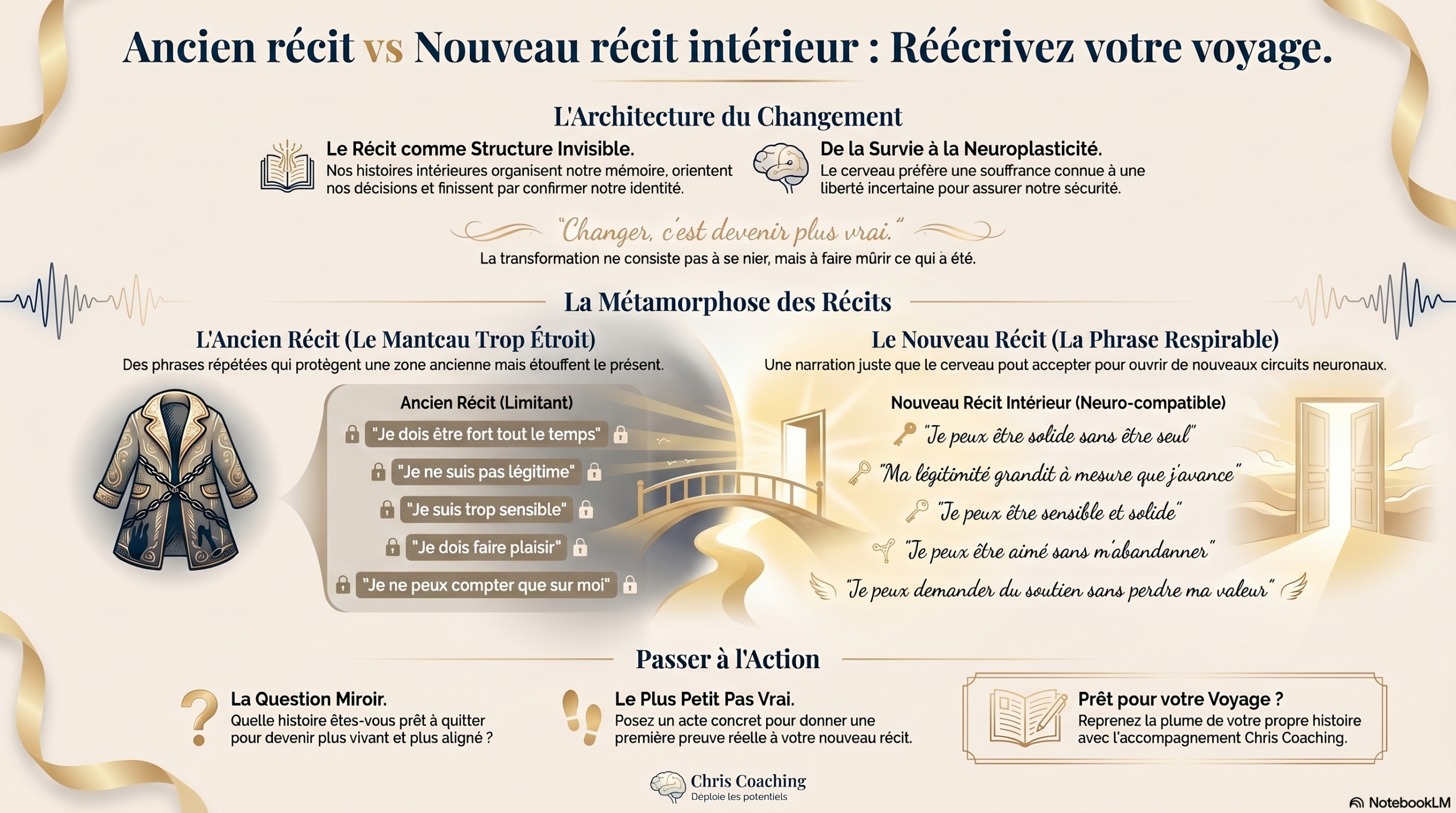Infographie Chris Coaching : ancien récit vs nouveau récit intérieur, réécriture neuro-compatible