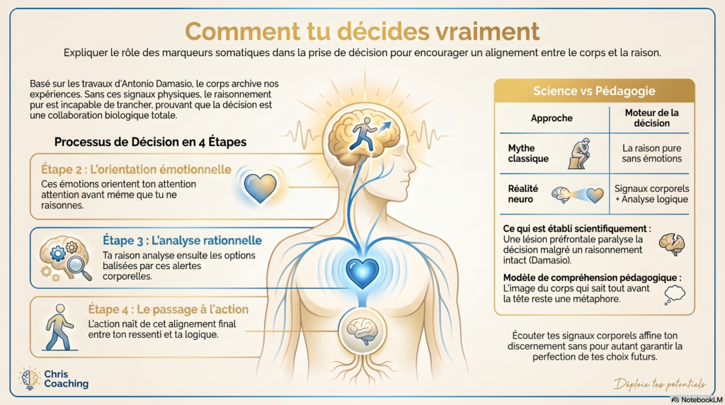 Infographie Chris Coaching, les étapes d'une décision entre ressenti corporel, émotion et raison, frise crème et cuivre