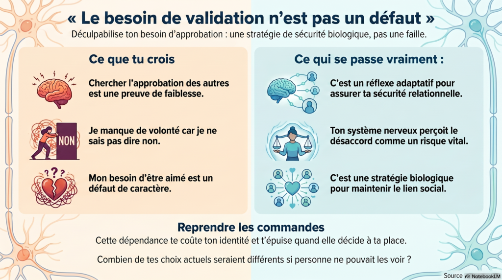 Infographie Chris Coaching en deux colonnes, croyances sur le besoin de validation et lecture corrigée comme stratégie de sécurité