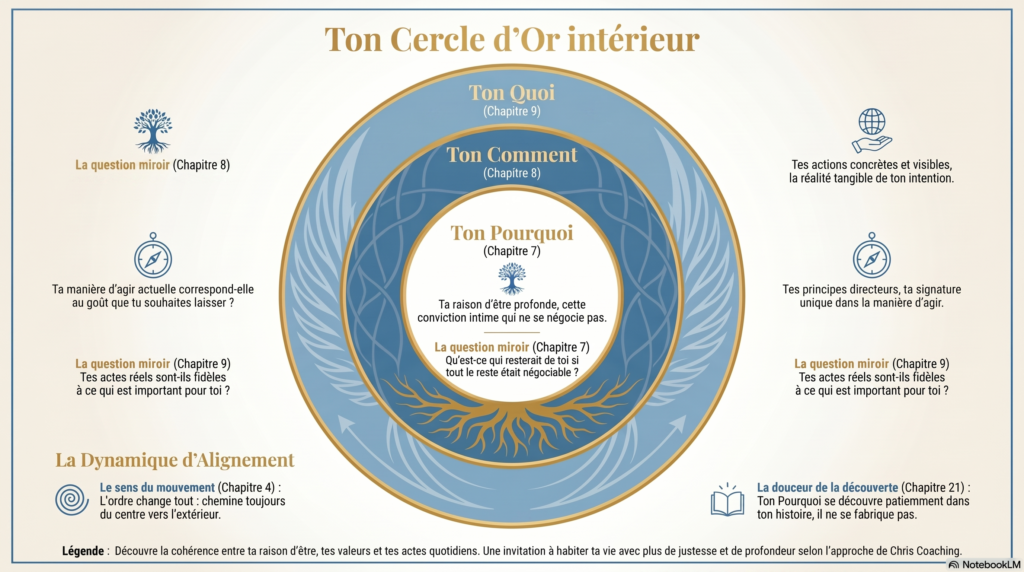 Infographie Chris Coaching du Cercle d'Or intérieur, trois cercles concentriques Pourquoi, Comment, Quoi appliqués à soi, crème et cuivre
