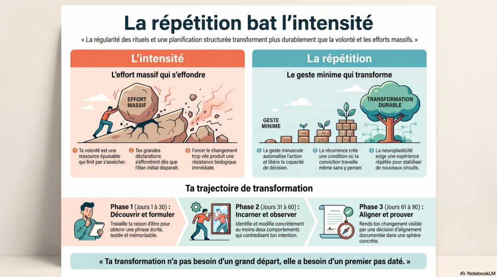 Infographie Chris Coaching comparant intensité et répétition, avec les trois phases du plan de quatre-vingt-dix jours