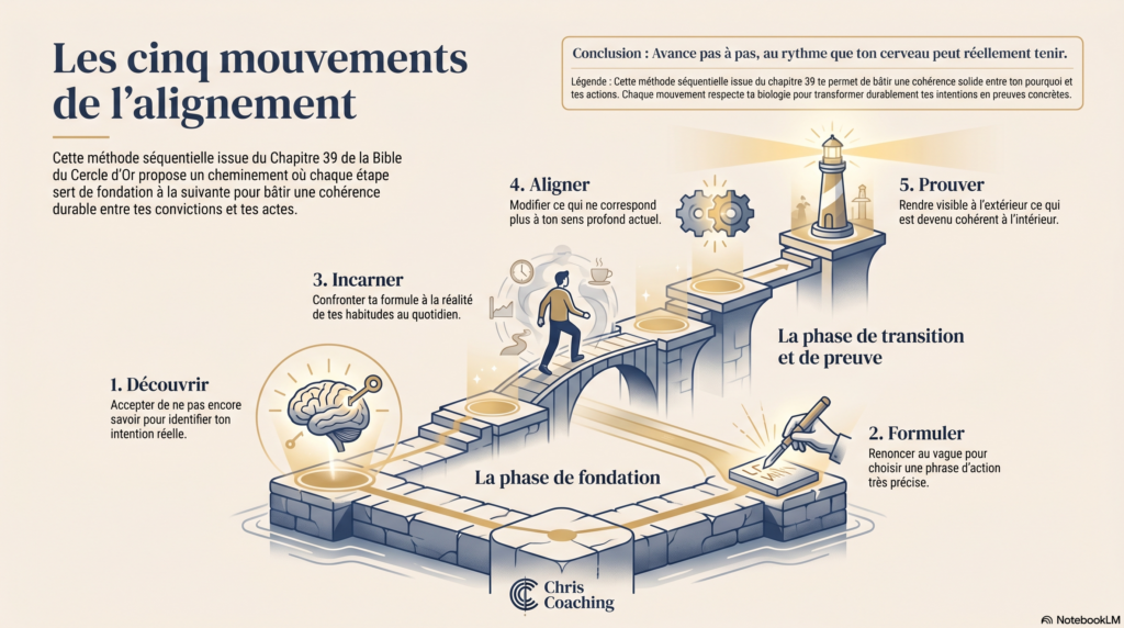 Infographie Chris Coaching en escalier de cinq marches, Découvrir, Formuler, Incarner, Aligner, Prouver