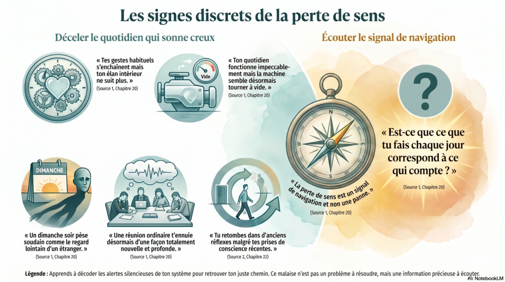 Infographie Chris Coaching listant les signes discrets de la perte de sens, pictogrammes cuivre sur fond crème
