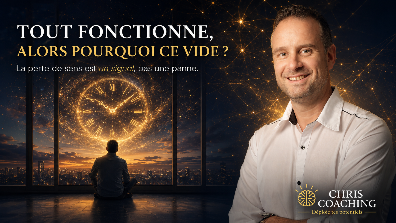 Homme assis devant une baie vitrée au crépuscule, horloge dorée dans le ciel, ambiance bleu nuit et or, visuel Chris Coaching sur la perte de sens