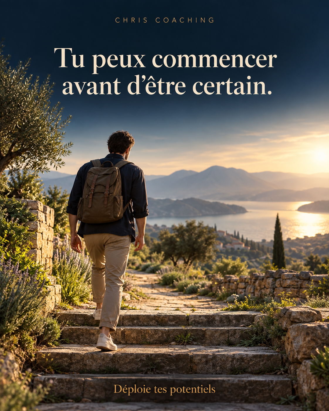 Une personne vue de dos commence un chemin de pierre éclairé par la lumière du matin