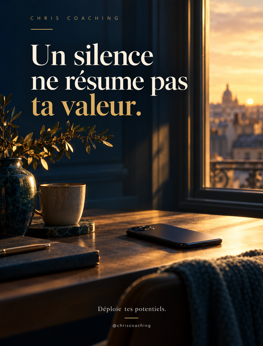 Téléphone près d’une fenêtre, dans une ambiance bleu nuit et dorée. Un silence ne résume pas ta valeur.